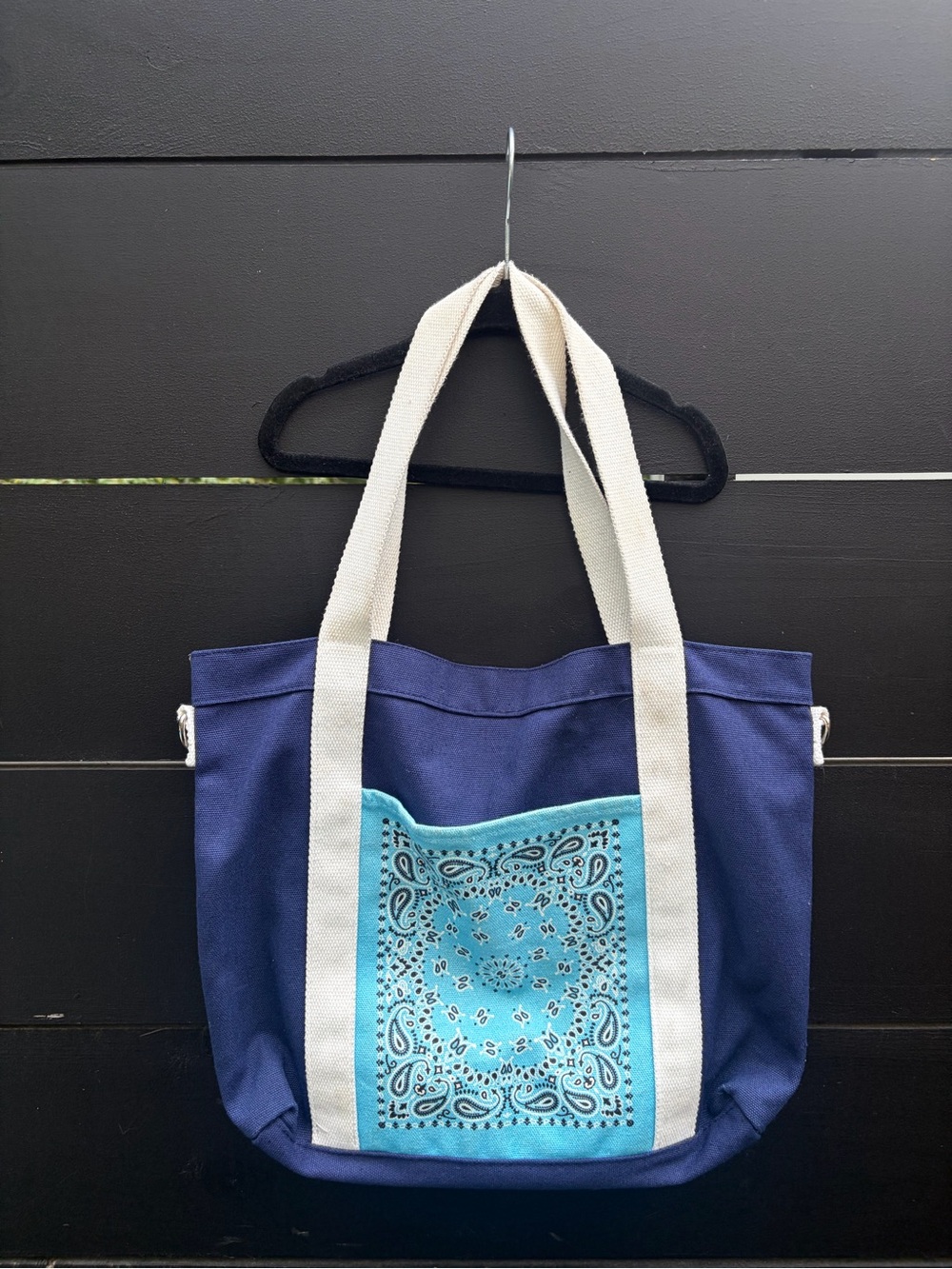 Blue Bandana Print Canvas Tote Bag Shoulder Bag Navy White